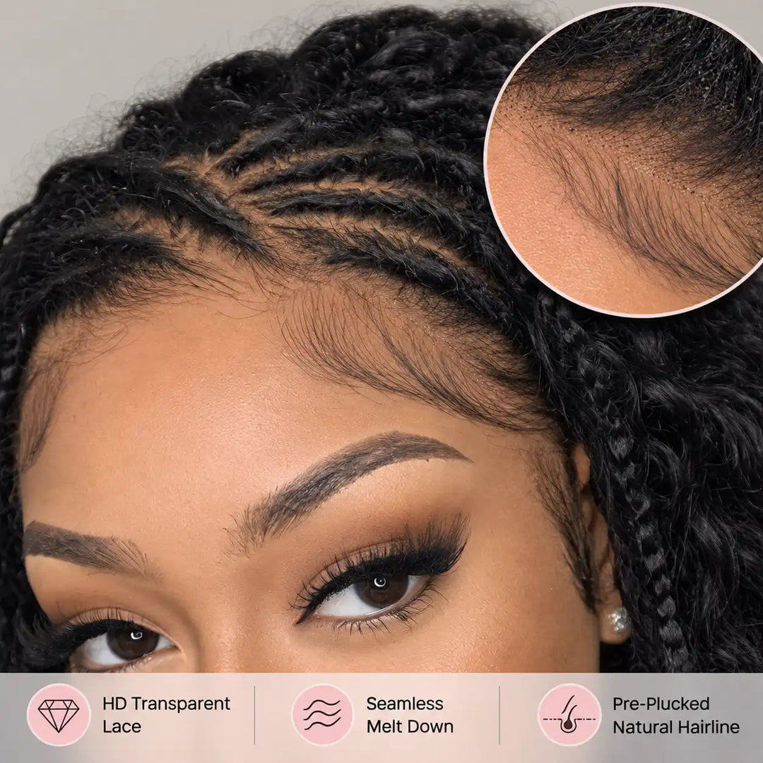 Close-Up of Pre-Plucked Natural Hairline and HD Transparent Lace on Aliglossy Pre-Braided Deep Wave Wig