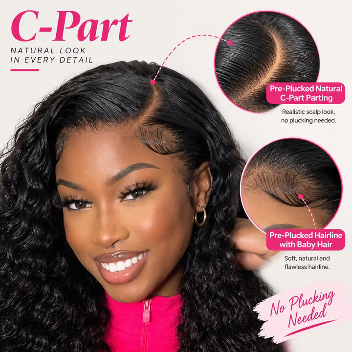 Close-up detail of the pre-styled C-part on the ALIGLOSSY Side C Part Deep Wave 13x4 HD Lace Frontal Human Hair Wig, showing a natural pre-plucked parting and flawless hairline on HD lace.
