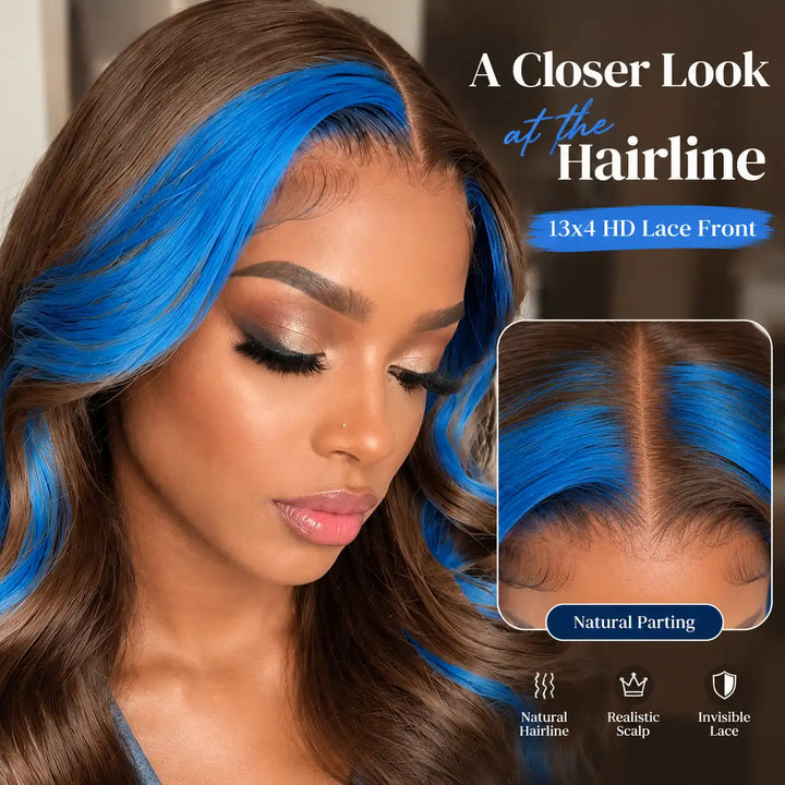 Close-up hairline of Chocolate Brown Skunk Stripe Wig With Blue Highlights 13x4 HD Lace Frontal Hair Wigs