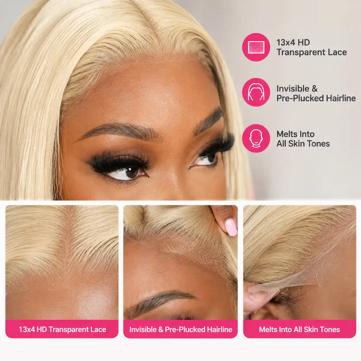 Close-up of pre-plucked HD lace hairline on Ombre 613 Blonde Orange Pink Yellow Straight 13x4 HD Lace Front Human Hair Wig.