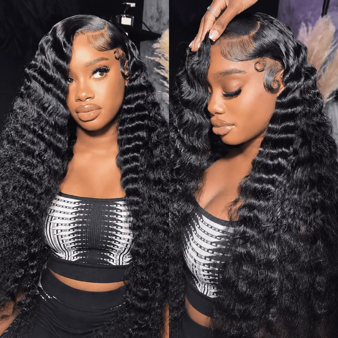 Close-up of the ultra-full 250% density curl pattern on the ALIGLOSSY Side C Part Deep Wave 13x4 HD Lace Frontal Human Hair Wig, demonstrating natural shine, bounce, and thick ends.