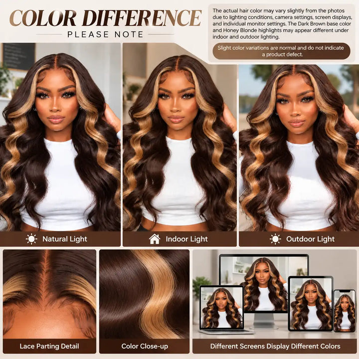 Color Difference and Indoor Outdoor Light Comparison of Dark Brown Skunk Stripe Money Piece Wig