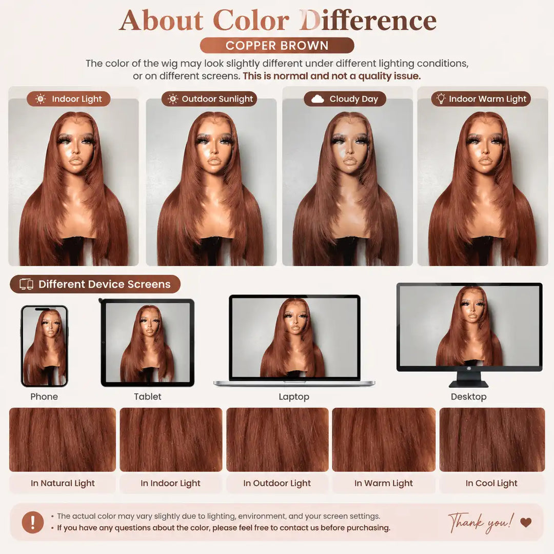 Color difference and natural lighting display of the ALIGLOSSY Layered Cut Copper Brown Wig 13x4 HD Transparent Lace Frontal Human Hair Wigs, showing the true shade under different lights.