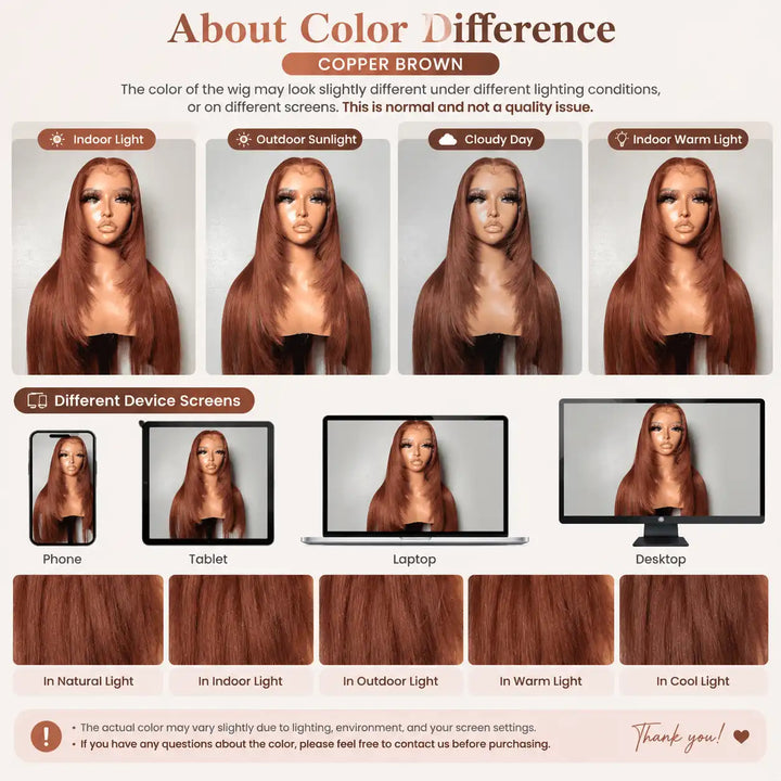 Color difference and natural lighting display of the ALIGLOSSY Layered Cut Copper Brown Wig 13x4 HD Transparent Lace Frontal Human Hair Wigs, showing the true shade under different lights.