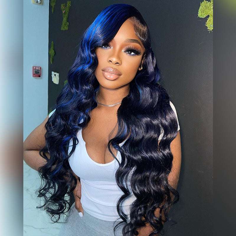 Colored Lace Front Human Hair Wig With Blue Highlight Deep Wave Style