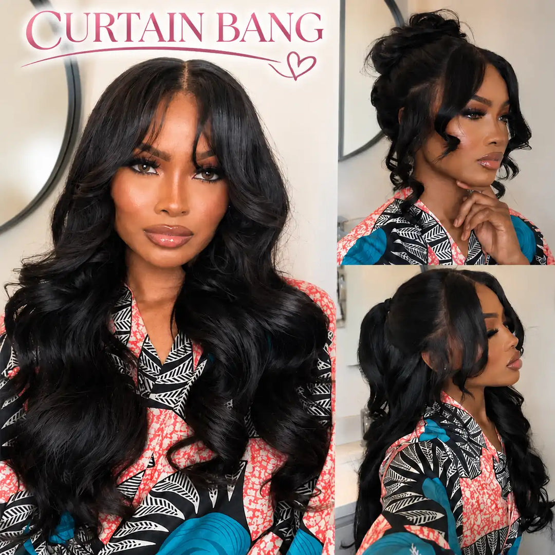 Curtain Bangs Body Wave Human Hair Wig, 250% Density, 13x4/13x6 Lace Frontal