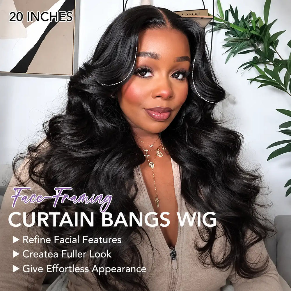Curtain Bangs Body Wave Human Hair Wig, 250% Density, 13x4/13x6 Lace Frontal worn by a model