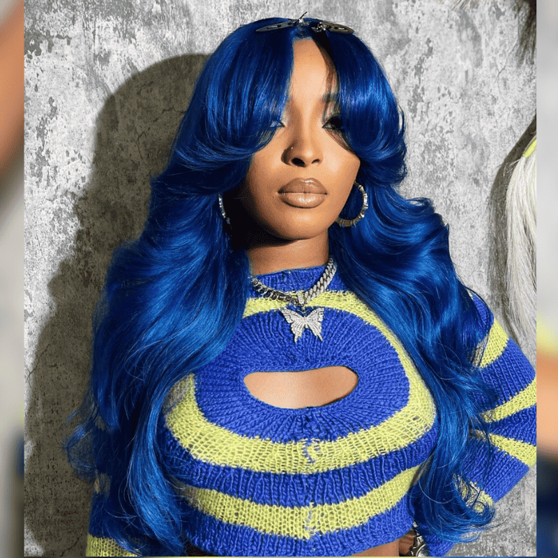Curtain Bangs Body Wave human hair wig, 180% density, Blue color