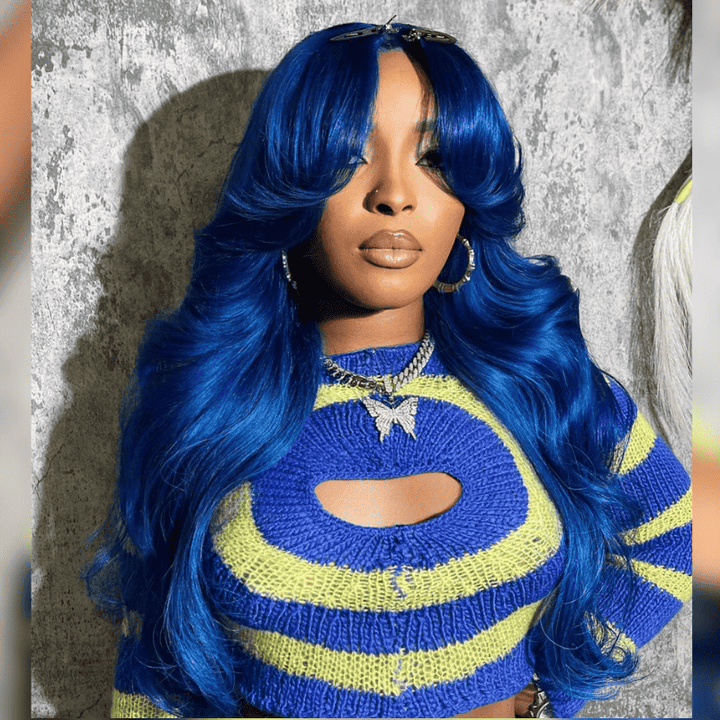 Curtain Bangs Body Wave human hair wig, 180% density, Blue color