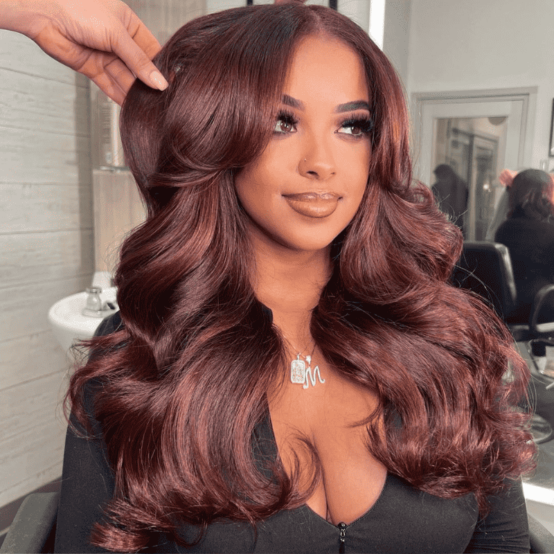 Curtain Bangs Body Wave human hair wig, 180% density, Reddish Brown