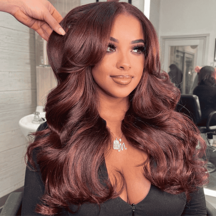 Curtain Bangs Body Wave human hair wig, 180% density, Reddish Brown