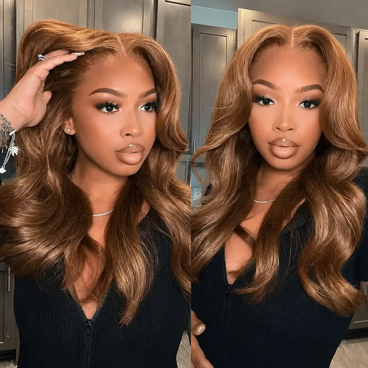 Curtain Bangs Light Chestnut Brown Human Hair Wig with natural HD lace hairline