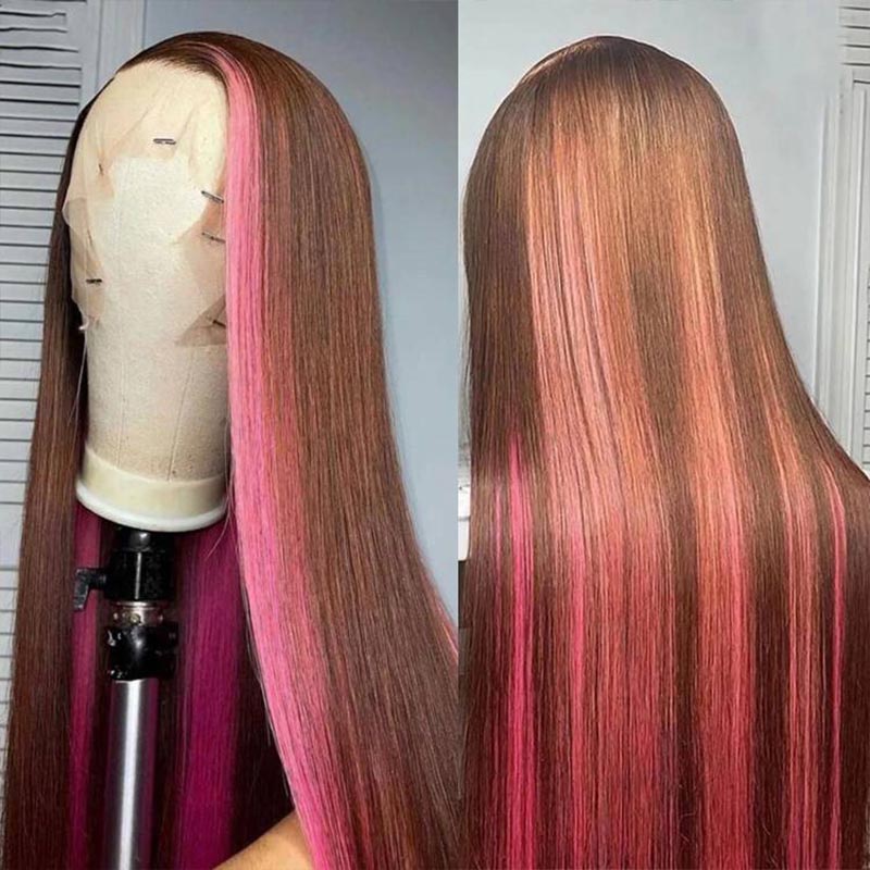 Dark Brown Pink Highlight Skunk Stripe 13x4 Straight Lace Front Human Hair Wig