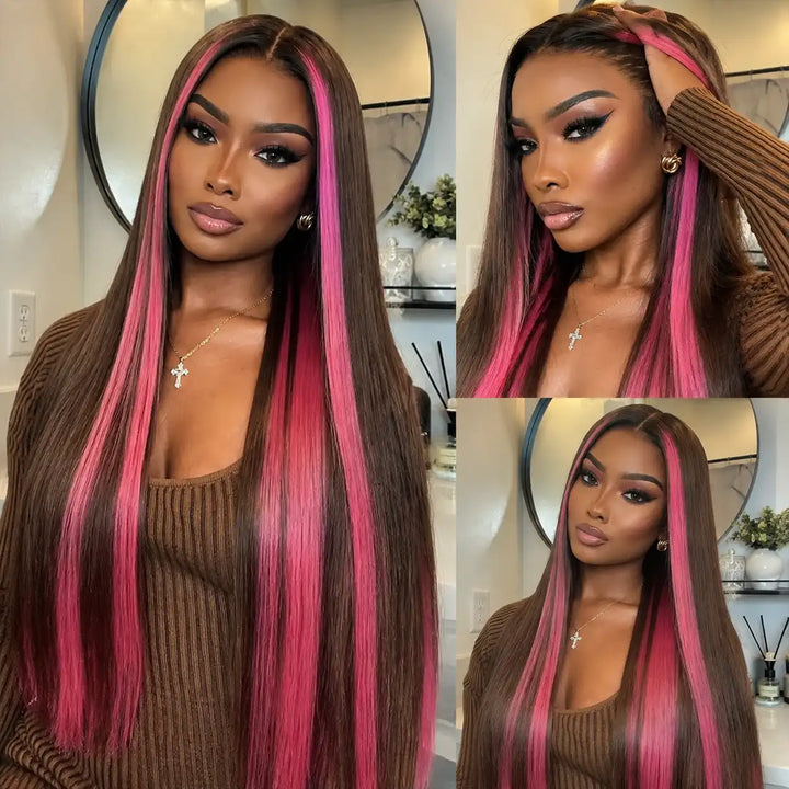 Dark Brown Pink Highlight Skunk Stripe 13x4 Straight Lace Front Human Hair Wig