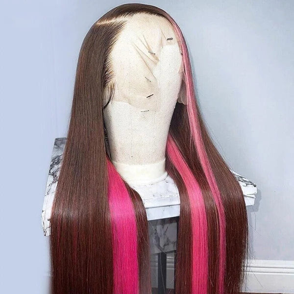 Dark Brown Pink Highlight Skunk Stripe 13x4 Straight Lace Front Human Hair Wig On Sale 