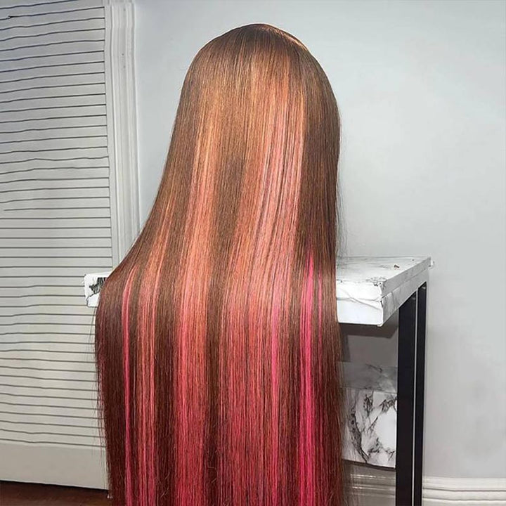 Dark Brown Pink Highlight Skunk Stripe 13x4 Straight Lace Front Human Hair Wig Back View