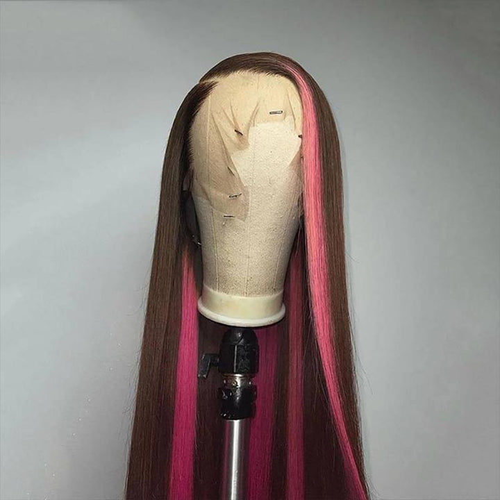 Dark Brown Pink Highlight Skunk Stripe 13x4 Straight Lace Front Human Hair Wig Front View 2
