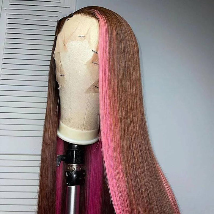 Dark Brown Pink Highlight Skunk Stripe 13x4 Straight Lace Front Human Hair Wig Side View