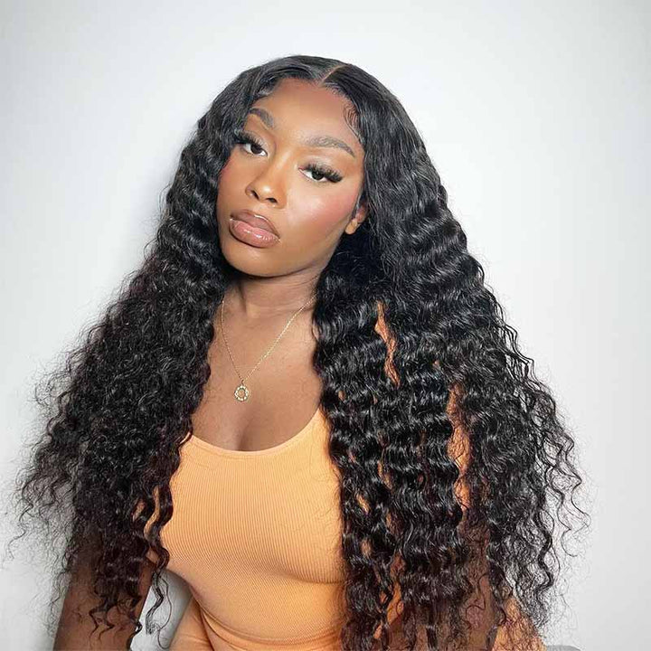 Deep Wave human hair, 4x4 lace closure glueless wig, Bye Bye Knots for seamless melt