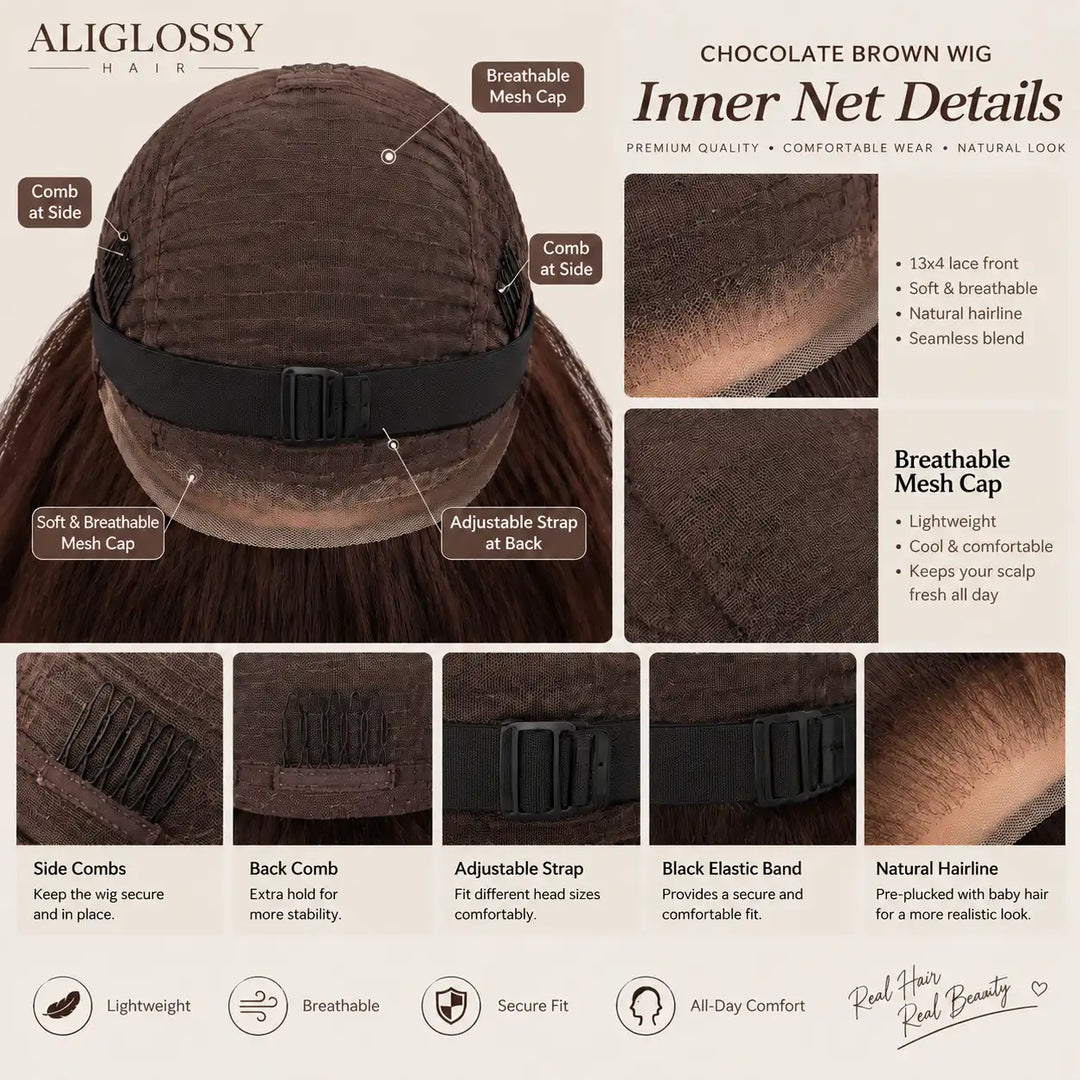 Detailed view of Chocolate Brown Wand Curls / Loose Deep Wave human hair wig texture.