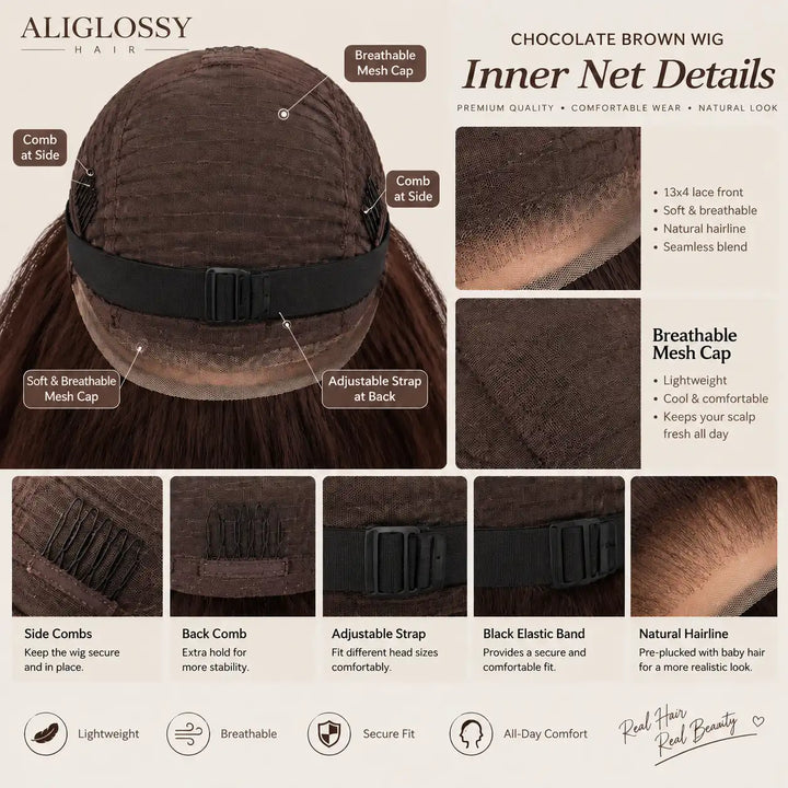 Detailed view of Chocolate Brown Wand Curls / Loose Deep Wave human hair wig texture.