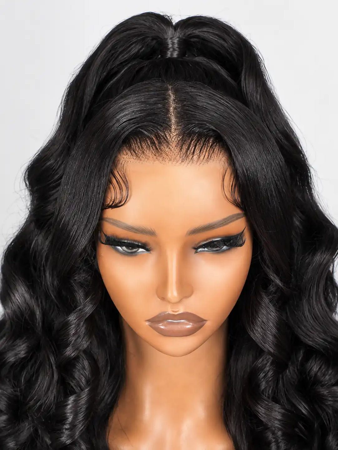 FRONTview of pre-styled half up half down ponytail body wave 100% virgin human hair wig