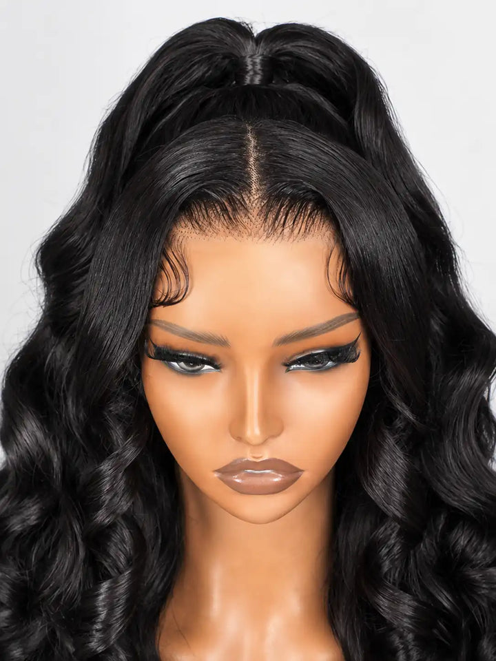 FRONTview of pre-styled half up half down ponytail body wave 100% virgin human hair wig