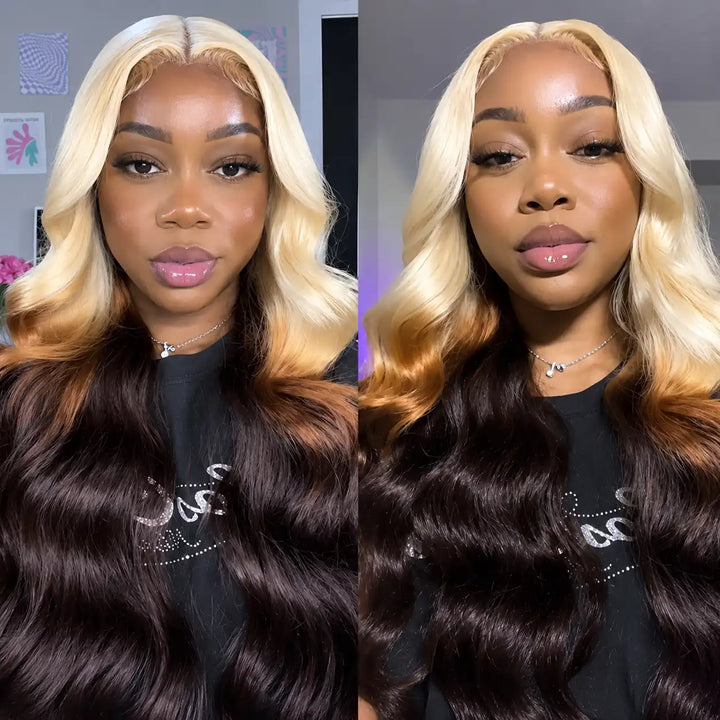 Front view of Reverse Ombre Human Hair Wig with Blonde to Dark Brown Black gradient color