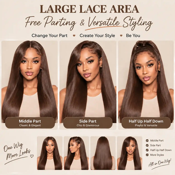 Full Ends and Length Display of ALIGLOSSY #4 Chocolate Brown Bone Straight HD Lace Frontal Virgin Human Hair Wig