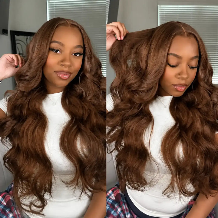 Glueless Chocolate Brown Body Wave Human Hair Wig 4x4 HD Lace
