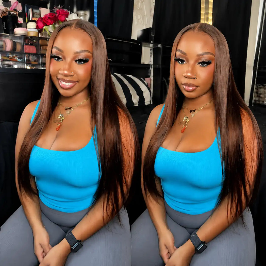 Glueless Chocolate Brown Straight Human Hair Wig 5x5 HD Transparent Lace Closure