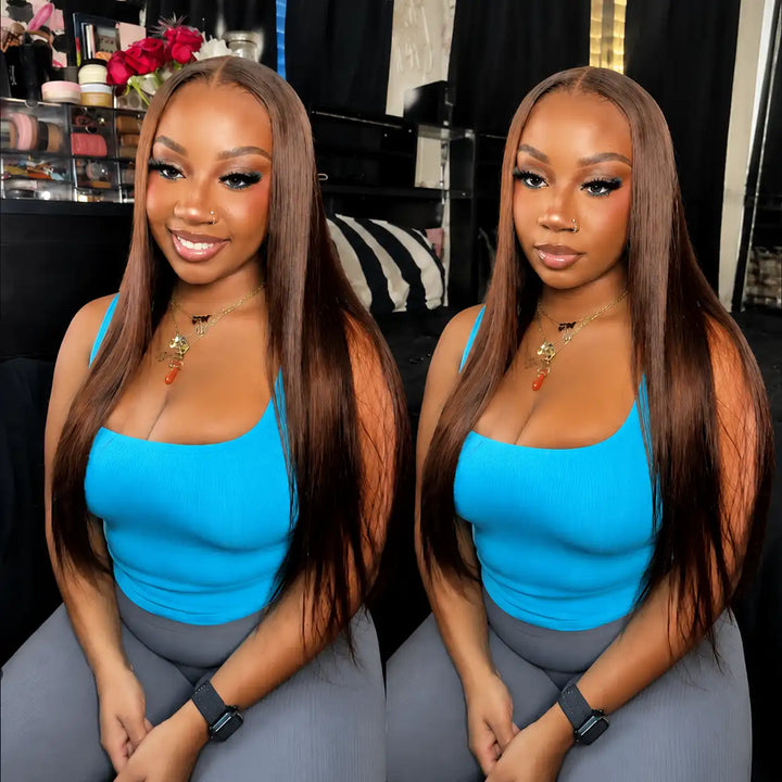 Glueless Chocolate Brown Straight Human Hair Wig 5x5 HD Transparent Lace Closure