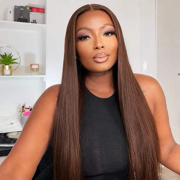 Glueless Chocolate Brown Straight Human Hair Wig Front View Natural Style