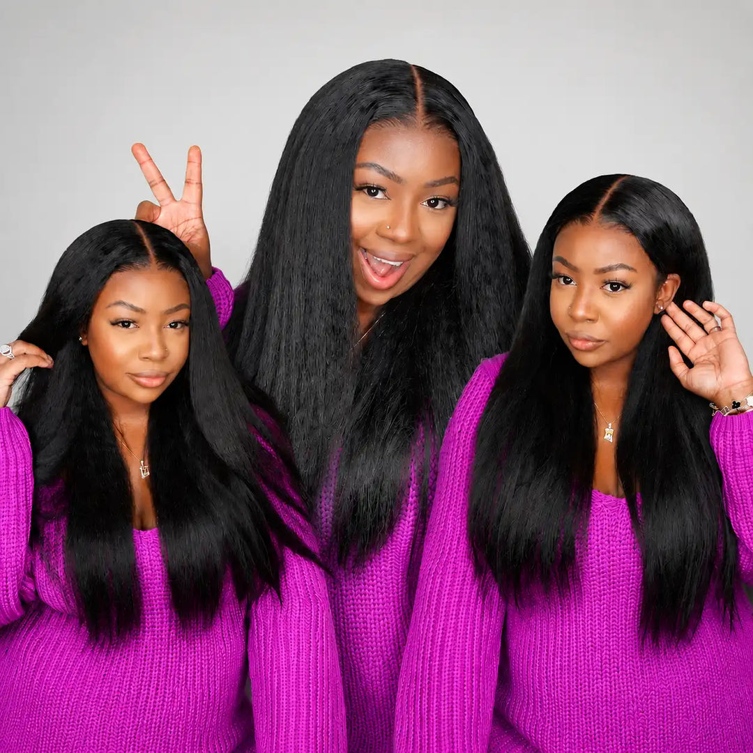 Glueless Kinky Straight Human Hair Wig Natural Texture Close Up
