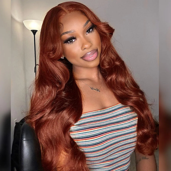 Glueless Reddish Brown Body Wave Human Hair Wig 5x5 HD Lace Closure
