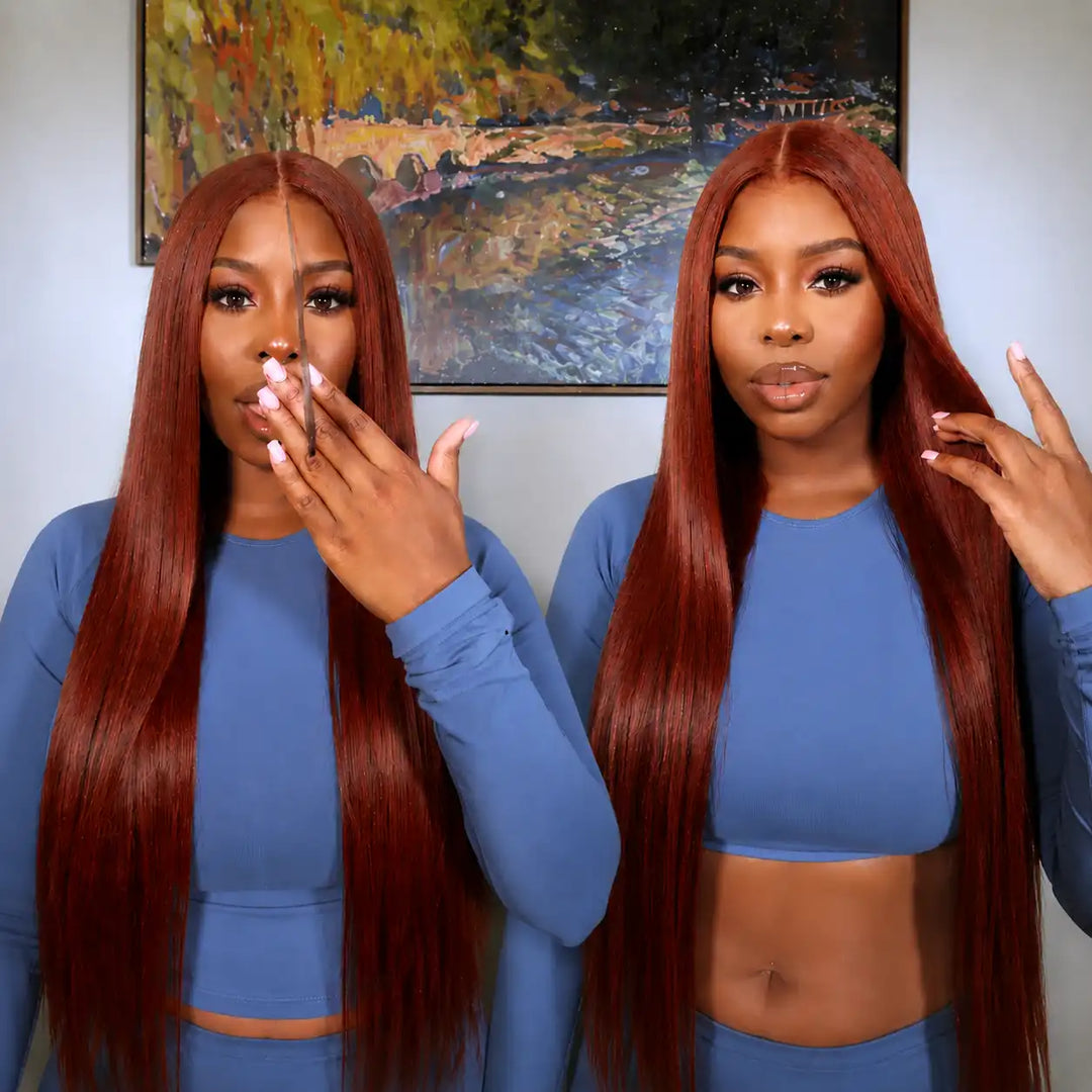 Glueless Reddish Brown Straight Human Hair Wig 4x4 HD Transparent Lace Closure