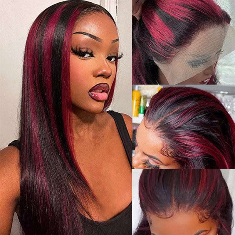 Glueless lace front wig, Highlight Burgundy straight texture, 13x4 HD lace