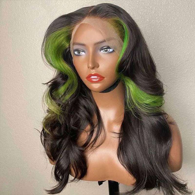 Green Streak Highlights on black human hair, 13x4 lace front Skunk Stripe wig