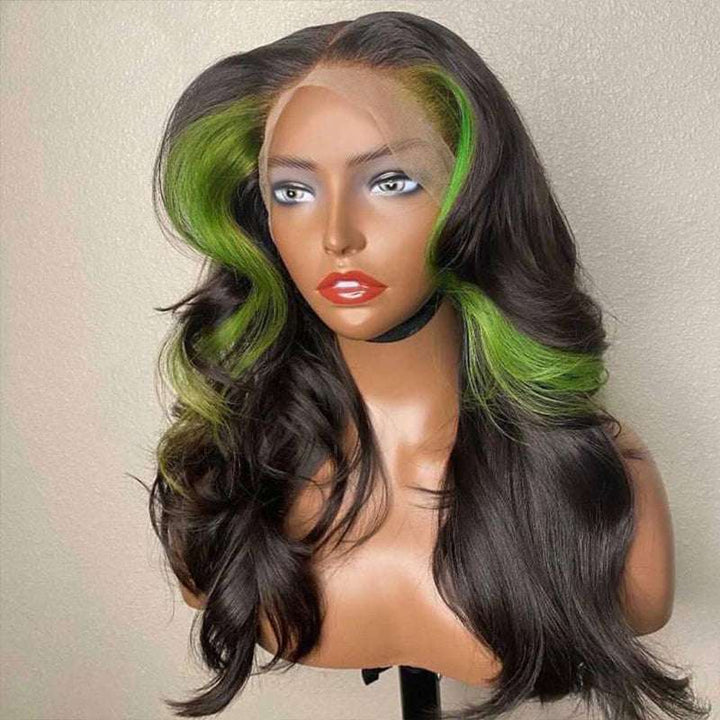 Green Streak Highlights on black human hair, 13x4 lace front Skunk Stripe wig