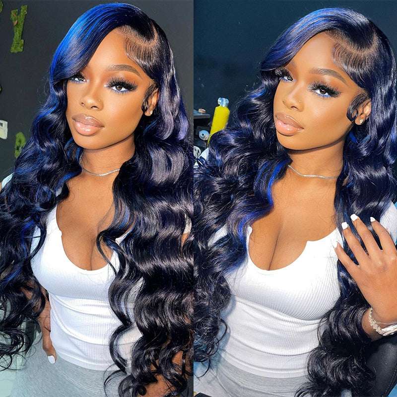 HD Lace Blue Highlight Wig With Loose Deep Wave Human Hair Texture