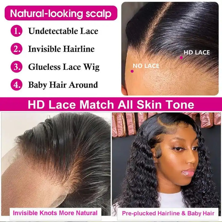 HD Lace Wigs Realistic 13*4 Lace Front Wigs Human Hair Deep Wave Skinlike HD lace Wig with Invisible Bleached Knots Pre Plucked Hairline
