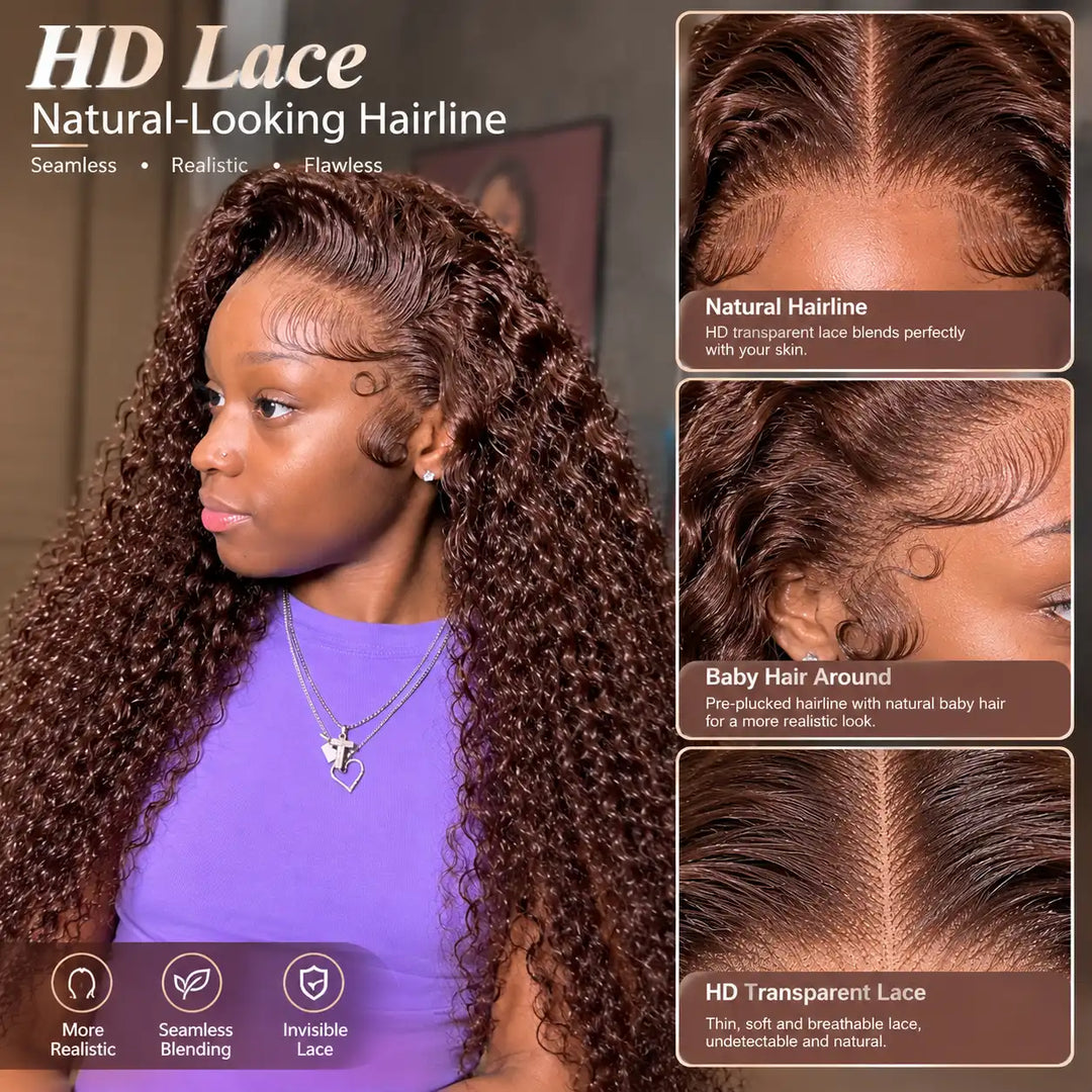 HD Transparent Lace Frontal detail melting seamlessly on skin for Chocolate Brown Deep Wave Wig