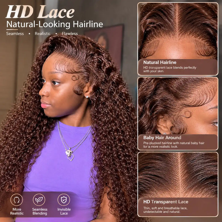 HD Transparent Lace Frontal detail melting seamlessly on skin for Chocolate Brown Deep Wave Wig