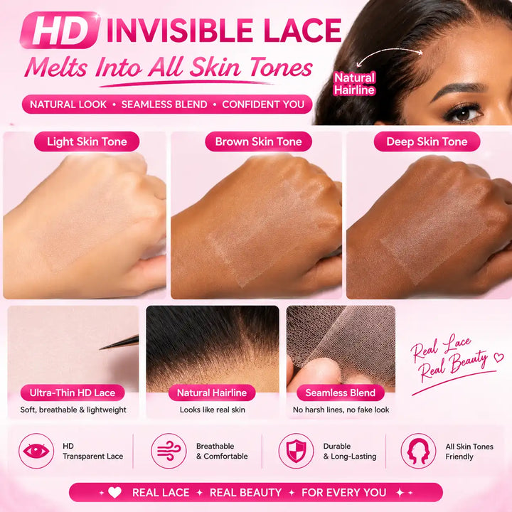 HD invisible lace front human hair wig skin tone comparison showing seamless lace melting on light, brown, and deep skin tones with ultra-thin breathable material.