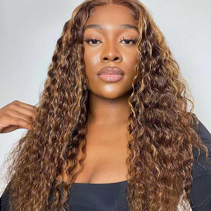 HD transparent lace Deep Wave wig, 4/27 Highlight color, 200% 250% density