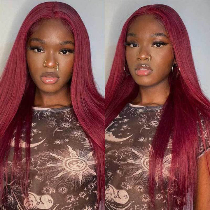 HD transparent lace closure wig, 180% density 99J Straight human hair, burgundy color