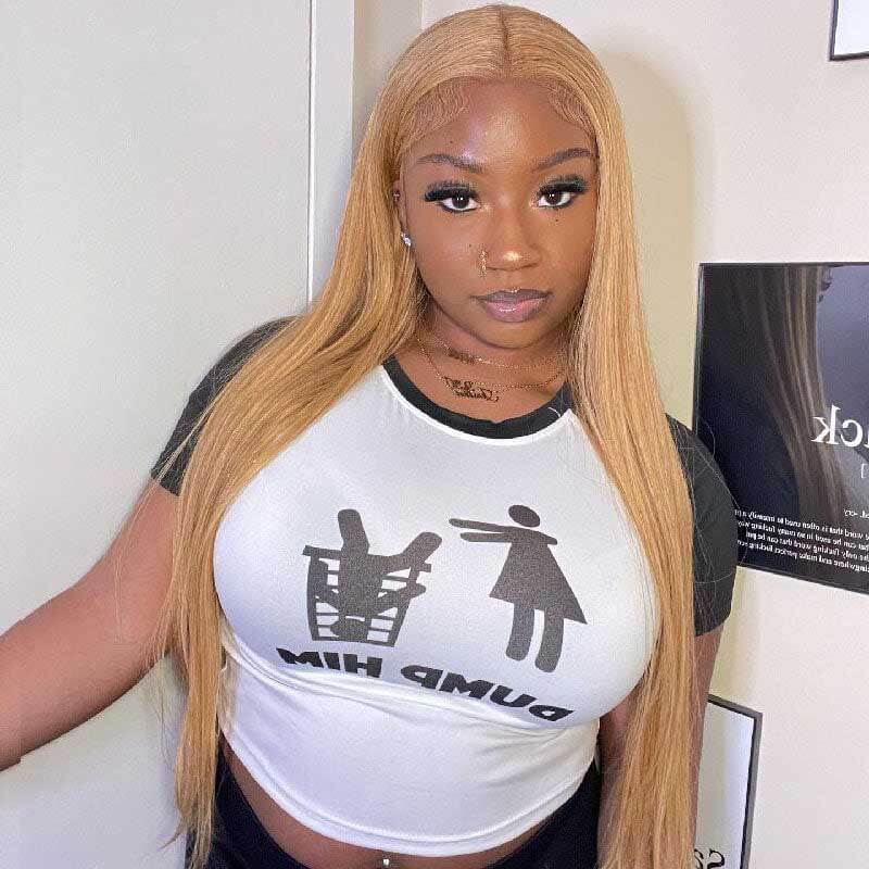 HD transparent lace closure wig, 180% density Honey Blonde straight human hair
