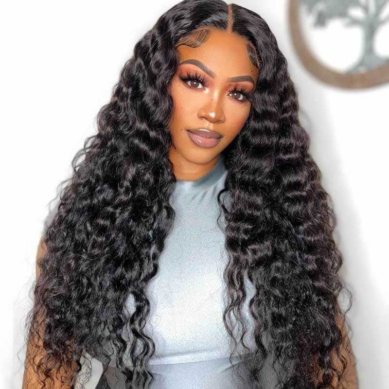 HD transparent lace closure wig, 180% density Loose Deep Wave human hair, Bye Bye Knots