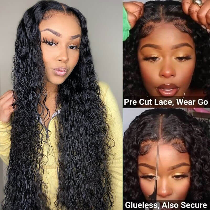 HD transparent lace closure wig, 180% density Water Wave human hair, Bye Bye Knots