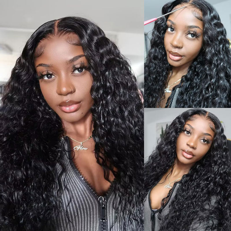 HD transparent lace closure wig, 180% density Water Wave human hair for beginners